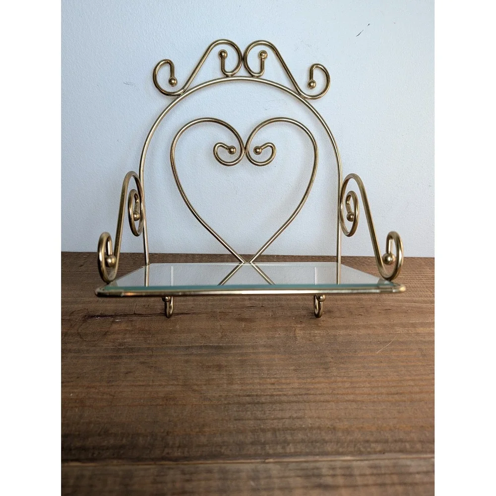 Home Interior Vtg Heart Gold Metal Glass Wall Shelf Ornate Scrollwork 2 Hooks